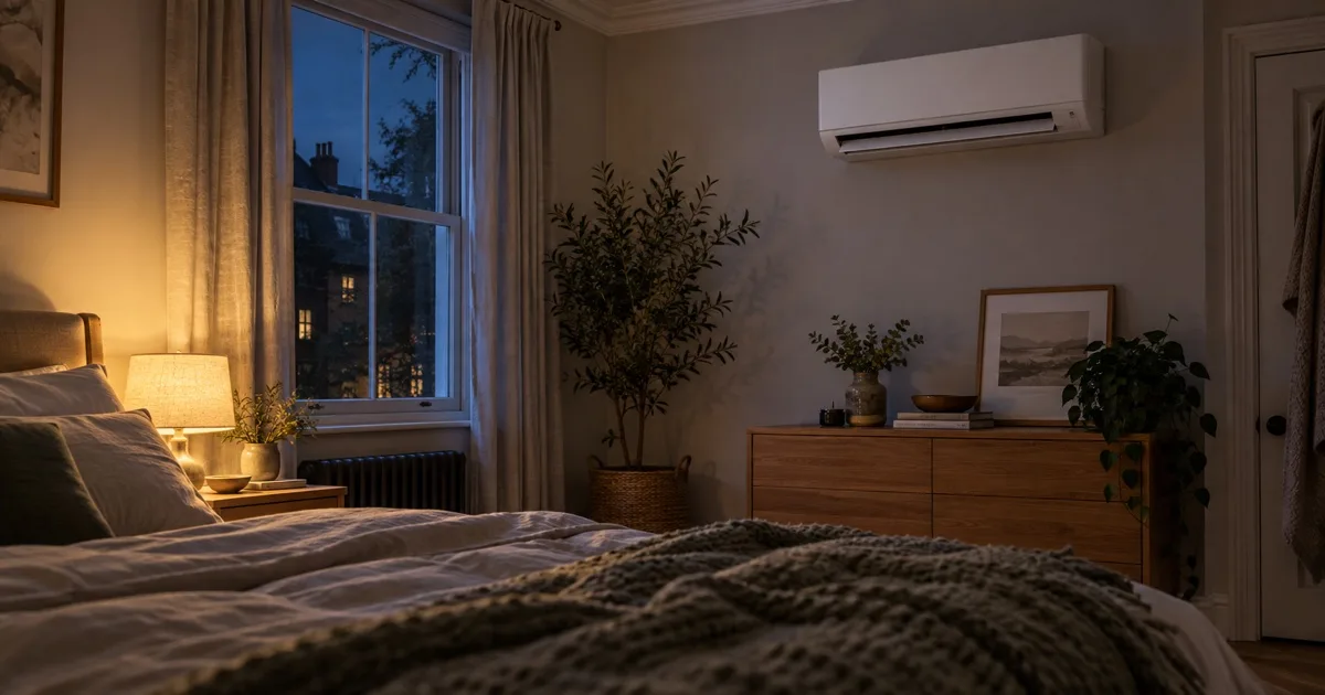 A dim bedroom at night with a slim wall-mounted air conditioning unit high on the wall, its display off
