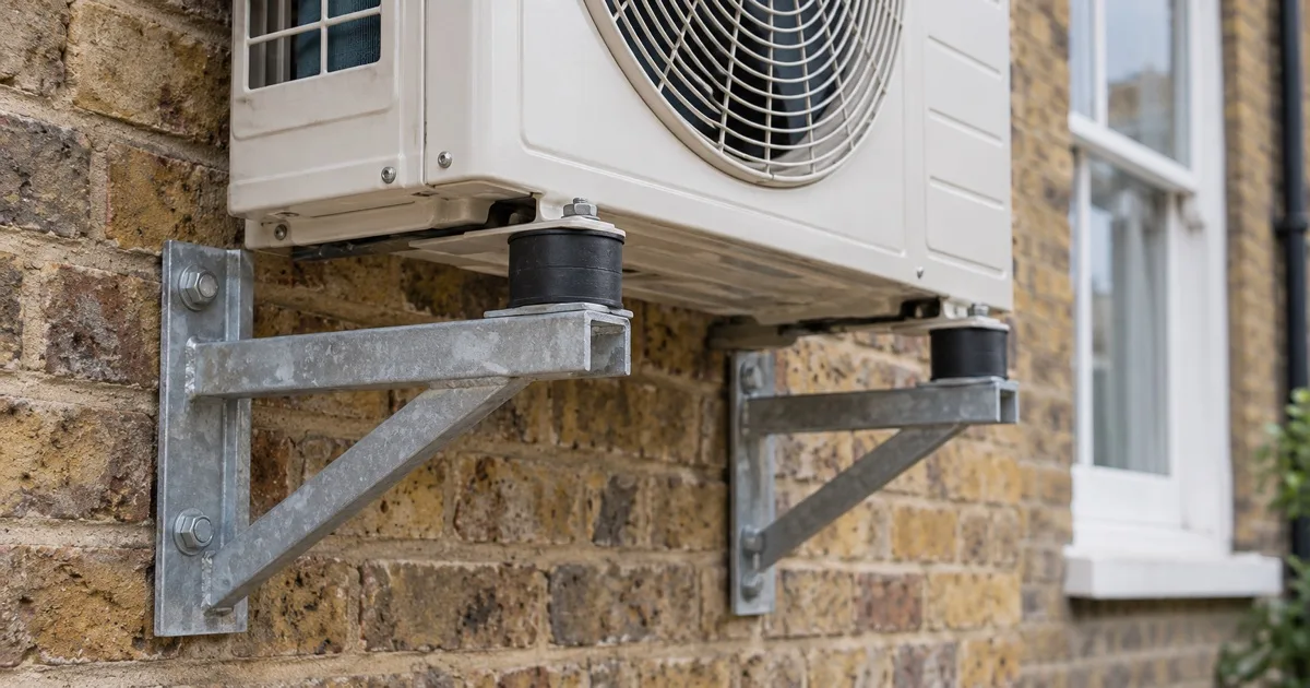 An outdoor air conditioning unit on a wall bracket with rubber anti-vibration mounts under its feet