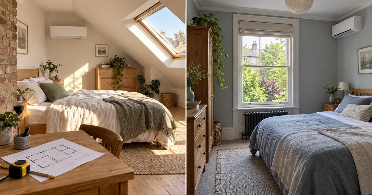 A sunny loft bedroom beside a cooler first-floor bedroom, with a tape measure and a floor plan