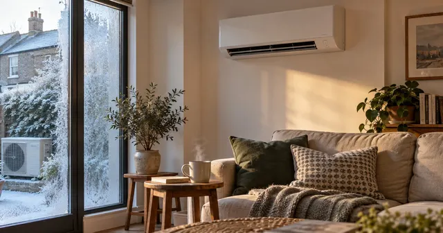 A living room on a frosty morning with warm air flowing down from a wall unit