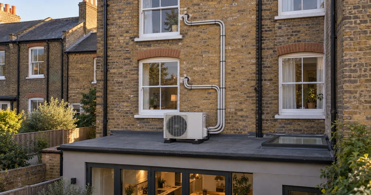 The rear of a London terrace with one outdoor unit on a flat extension roof and pipe runs fanning out to windows on two floors