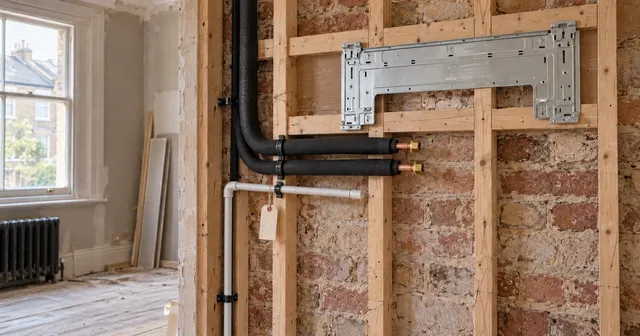 A room mid-renovation with insulated copper pipes and a drain run neatly inside the open stud wall, ends capped and labelled