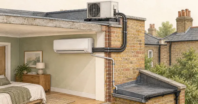 A cross-section of a London house showing pipework rising from a wall unit to an outdoor unit on the roof and a drain falling to a gutter