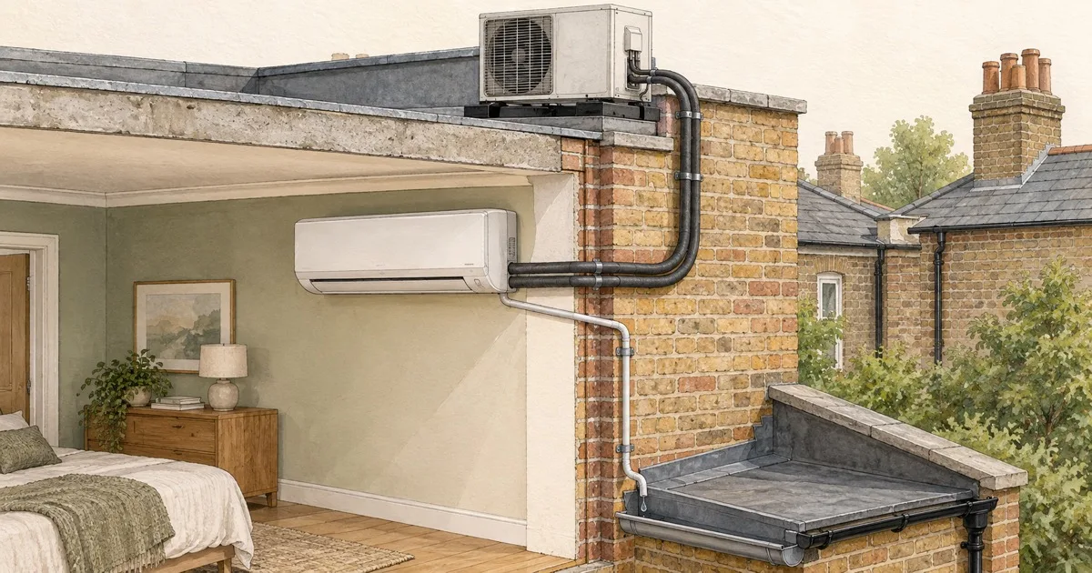 A cross-section of a London house showing pipework rising from a wall unit to an outdoor unit on the roof and a drain falling to a gutter