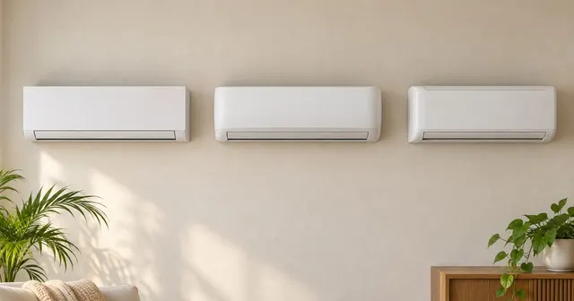 Three white wall-mounted air conditioning units of different shapes side by side on a plain wall
