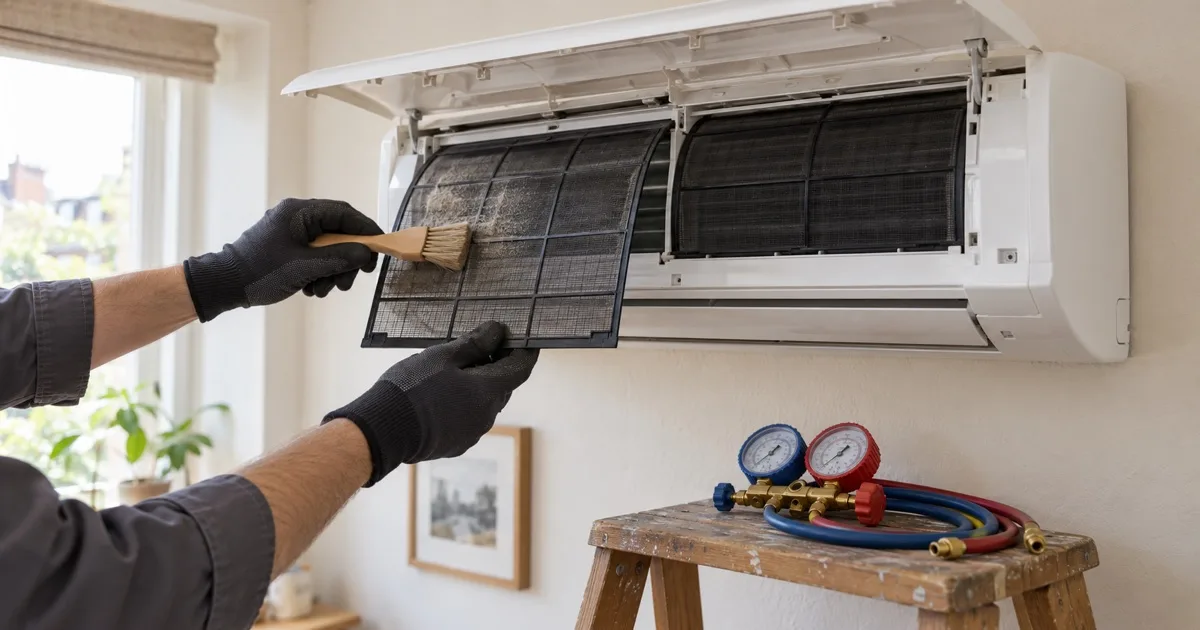 A wall unit with its front panel lifted and the filter half out, a gloved hand with a soft brush and a pressure gauge below